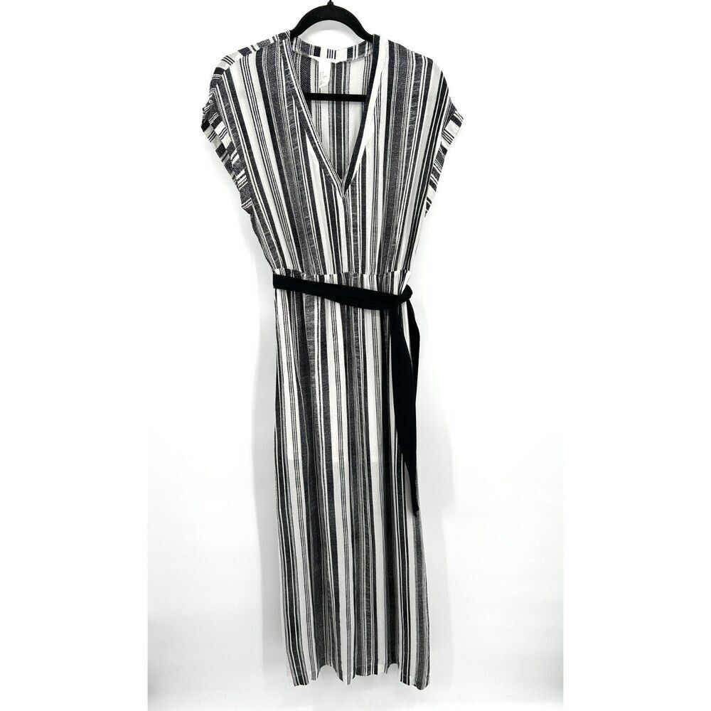 H&M Black White Striped V-Neck Waist Tie Lightweight Maxi Dress Size 8